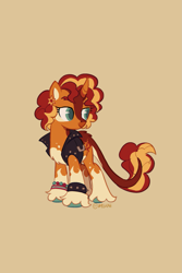 Size: 1369x2048 | Tagged: safe, artist:vreskah, imported from derpibooru, sunset shimmer, classical unicorn, pony, unicorn, beige background, blaze (coat marking), bracelet, clothes, cloven hooves, coat markings, ear piercing, earring, facial markings, female, horn, jewelry, leather, leather vest, leonine tail, lidded eyes, mare, pale belly, piercing, redesign, simple background, smiling, socks (coat markings), solo, spiked wristband, unshorn fetlocks, vest, wristband