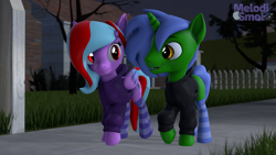Size: 3840x2160 | Tagged: safe, artist:melodismol, imported from derpibooru, oc, oc:omega(phosphorshy), oc:star beats, pegasus, pony, unicorn, 3d, clothes, fence, grass, high res, hoodie, horn, looking at each other, looking at someone, melodiphosphor, night, oc x oc, shipping, sidewalk, socks, source filmmaker, talking, tree, walking