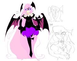 Size: 924x731 | Tagged: safe, artist:metrorobott, imported from derpibooru, fluttershy, human, alternate timeline, bat wings, breasts, choker, cleavage, clothes, dialogue, dress, eternal night au (janegumball), female, humanized, nightmare fluttershy, nightmare takeover timeline, nightmarified, simple background, solo, white background, winged humanization, wings