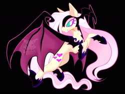 Size: 2048x1536 | Tagged: safe, artist:laureld3040, imported from derpibooru, fluttershy, bat pony, pony, alternate timeline, bat ponified, black background, eternal night au (janegumball), fangs, female, flutterbat, helmet, hoof shoes, mare, nightmare fluttershy, nightmare takeover timeline, nightmarified, peytral, race swap, simple background, slit pupils, solo, watermark