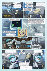 Size: 2079x3142 | Tagged: safe, artist:captainhoers, imported from derpibooru, oc, oc only, oc:charger, oc:concorde, pegasus, pony, comic:stardust:the sky belongs to no one, cockpit, comic, dialogue, duo, headset, high res, lightning, male, nonbinary, offspring, parent:soarin', parent:spitfire, parents:soarinfire, plane, shivering, simulator, speech bubble, stallion