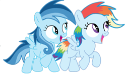 Size: 1400x863 | Tagged: safe, imported from derpibooru, oc, oc:ragtag, oc:shooting star, pegasus, pony, female, filly, foal, offspring, parent:rainbow dash, parent:soarin', parents:soarindash, siblings, simple background, transparent background, twins