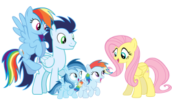 Size: 3812x2235 | Tagged: safe, imported from derpibooru, fluttershy, rainbow dash, soarin', oc, oc:ragtag, oc:shooting star, pegasus, pony, female, filly, foal, male, mare, offspring, parent:rainbow dash, parent:soarin', parents:soarindash, shipping, siblings, simple background, soarindash, stallion, straight, transparent background, twins