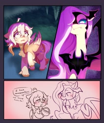 Size: 3000x3536 | Tagged: safe, artist:polkapop30, imported from derpibooru, fluttershy, oc, oc:marshmallow glimmer, bat pony, pegasus, pony, alternate timeline, basket, bat ponified, blushing, chest fluff, comic, dialogue, duo, eternal night au (janegumball), fangs, female, flutterbat, food, helmet, hoof shoes, mare, marshmallow, nightmare fluttershy, nightmare takeover timeline, nightmarified, race swap, scared, slit pupils, speech bubble, spread wings, unshorn fetlocks, winged hooves, wings