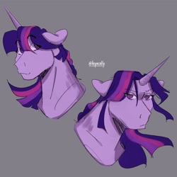 Size: 2048x2048 | Tagged: safe, artist:hiyacolly, imported from derpibooru, twilight sparkle, pony, unicorn, bust, female, gray background, mare, simple background, solo, unicorn twilight