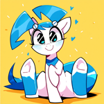 Size: 1024x1024 | Tagged: safe, imported from derpibooru, earth pony, pony, robot, robot pony, ai content, ai generated, blushing, female, generator:novelai, generator:stable diffusion, heart, jenny wakeman, looking at you, mare, my life as a teenage robot, pigtails, ponified, prompter:funnystargalloper, raised hoof, simple background, sitting, smiling, solo, yellow background