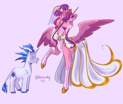 Size: 2048x1720 | Tagged: safe, artist:hiyacolly, imported from derpibooru, princess cadance, shining armor, alicorn, pony, blushing, chest fluff, choker, clothes, coat markings, dress, female, heart, heart eyes, height difference, hoof shoes, jewelry, leonine tail, male, mare, meme, messy mane, physique difference, purple background, regalia, shiningcadance, shipping, simple background, slender, stallion, straight, tail, tall, the bride and the ugly ass groom, thin, wedding dress, wingding eyes