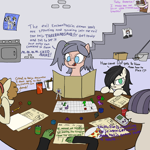 Size: 2000x2000 | Tagged: safe, artist:notawriteranon, imported from derpibooru, oc, oc only, oc:anon, oc:dot matrix, oc:floor bored, oc:goldie mops, oc:taku, human, pony, basement, dungeons and dragons, pen and paper rpg, rpg