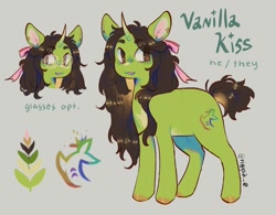 Size: 1300x1013 | Tagged: safe, artist:tiggs2_0, imported from derpibooru, oc, oc only, oc:vanilla kiss, pony, unicorn, bow, curved horn, ear piercing, earring, glasses, hair bow, horn, jewelry, male, piercing, reference sheet, simple background, solo, stallion