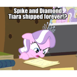 Size: 855x855 | Tagged: safe, edit, edited screencap, editor:undeadponysoldier, imported from ponybooru, screencap, diamond tiara, earth pony, pony, ponyville confidential, cute, desk, diamondbetes, female, filly, foal, gabby gums, happy, implied shipping, implied spike, implied spiketiara, implied straight, jewelry, meme, reading, shipping accepted, skeptical, text, tiara