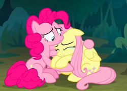 Size: 376x271 | Tagged: safe, imported from derpibooru, screencap, fluttershy, pinkie pie, earth pony, pegasus, pony, the mean 6, comforting, cropped, crying, duo, duo female, female, floppy ears, hug, mare, sad