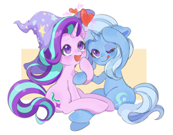 Size: 2048x1600 | Tagged: safe, artist:chonpskss, imported from derpibooru, starlight glimmer, trixie, pony, unicorn, :p, clothes, duo, duo female, female, hat, heart, holding hooves, horn, lesbian, magic, mare, one eye closed, open mouth, passepartout, shipping, simple background, sitting, startrix, sweat, tail, tongue out, trixie's hat, white background