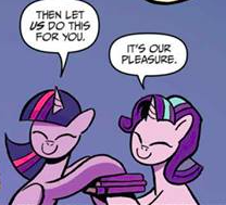 Size: 208x189 | Tagged: safe, artist:andypriceart, idw, imported from derpibooru, starlight glimmer, twilight sparkle, alicorn, pony, unicorn, book, dialogue, duo, eyes closed, female, horn, mare, speech bubble, twilight sparkle (alicorn)