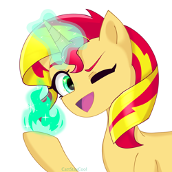 Size: 4000x4000 | Tagged: safe, artist:cattstaycool, imported from derpibooru, sunset shimmer, pony, unicorn, female, fire, horn, looking at you, magic, magic aura, mare, one eye closed, open mouth, open smile, simple background, smiling, smiling at you, white background, wink, winking at you