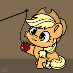 Size: 600x600 | Tagged: safe, artist:sugar morning, imported from derpibooru, applejack, earth pony, pony, :3, animated, apple, applejack's hat, behaving like a cat, chibi, cowboy hat, cute, female, fishing rod, food, gif, hat, jackabetes, mare, seizure warning, silly, silly pony, sitting, solo, that pony sure does love apples