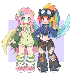 Size: 1923x2048 | Tagged: safe, artist:chonpskss, imported from derpibooru, fluttershy, rainbow dash, human, bandaid, clothes, cutie mark, cutie mark on clothes, denim, duo, duo female, female, flower, flower in hair, flutterdash, goggles, goggles on head, hat, humanized, jeans, lesbian, midriff, pants, passepartout, peace sign, pony ears, ponytail, purple background, ripped jeans, ripped pants, shipping, shoes, simple background, spread wings, torn clothes, winged humanization, wings