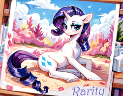 Size: 1152x896 | Tagged: safe, imported from derpibooru, rarity, pony, unicorn, ai content, ai generated, female, generator:pony diffusion v6 xl, generator:stable diffusion, horn, mare, pose, postcard, prompter:gullveigai, solo