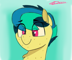 Size: 3000x2500 | Tagged: safe, artist:bazza, derpibooru exclusive, imported from derpibooru, oc, oc only, oc:apogee, pony, big eyes, bust, chest fluff, eye clipping through hair, freckles, paint tool sai, signature, simple background, smiling