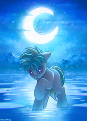 Size: 1800x2500 | Tagged: safe, artist:adagiostring, imported from derpibooru, oc, oc only, earth pony, commission, cover art, covering, fanfic, fanfic art, looking down, male, moon, mountain, night, not sandbar, ocean, shiny, shocked, snow, snowfall, solo, solo focus, stallion, standing, water, winter