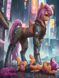 Size: 1000x1312 | Tagged: safe, imported from derpibooru, scootaloo, pegasus, pony, ai content, ai generated, city, cybernetic legs, cyberpunk, duo, duo female, ear fluff, female, fluffy, generator:pony diffusion v6 xl, generator:stable diffusion, neon, night, older, older scootaloo, prompter:star-dragon, rain, street