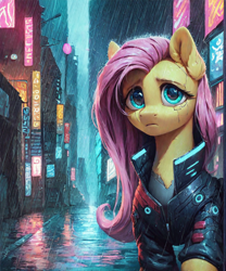 Size: 1000x1200 | Tagged: safe, imported from derpibooru, fluttershy, pegasus, pony, ai content, ai generated, bust, city, cyberpunk, ear fluff, female, generator:pony diffusion v6 xl, generator:stable diffusion, mare, neon, night, portrait, prompter:star-dragon, rain, solo, street