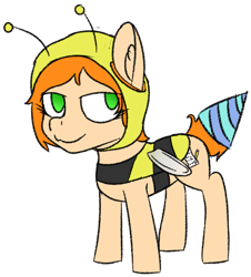 Size: 899x995 | Tagged: safe, alternate version, artist:toricelli, imported from derpibooru, oc, oc:scribbles, earth pony, pony, alternate hairstyle, animal costume, antennae, bad costume, bedroom eyes, bee costume, clothes, colored sketch, colt, costume, foal, hat, looking at you, male, party hat, sketch, smug, solo, transparent wings, wings