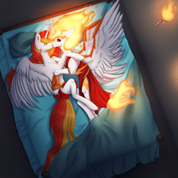 Size: 7000x7000 | Tagged: artist needed, safe, imported from derpibooru, daybreaker, nightmare star, princess celestia, oc, oc:king phoenix, alicorn, bed, bedroom, celenix, clothes, dress, fire, jewelry, loincloth, regalia, room, royalty, torch, underwear