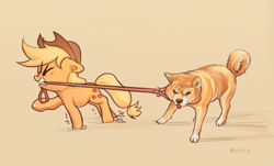 Size: 2501x1512 | Tagged: safe, artist:krista-21, imported from derpibooru, applejack, dog, earth pony, pony, shiba inu, applejack's hat, collar, cowboy hat, female, gritted teeth, hat, leash, mare, mouth hold, pulling, signature, simple background, teeth, tongue out