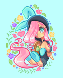 Size: 2266x2800 | Tagged: safe, artist:lenori, imported from derpibooru, fluttershy, pegasus, pony, bunny ears, bunny suit, clothes, costume, cute, dangerous mission outfit, digital art, easter, easter bunny, easter egg, eye clipping through hair, female, goggles, happy easter, holiday, hoodie, mare, solo