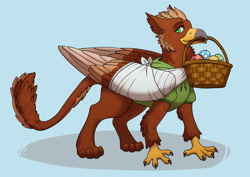 Size: 3000x2121 | Tagged: safe, artist:irhileth, imported from derpibooru, oc, oc:pavlos, griffon, bandage, basket, beak, beak hold, blue background, broken bone, broken wing, cast, cheek fluff, claws, clothes, colored wings, commission, eared griffon, easter, easter egg, griffon oc, holiday, injured, male, mouth hold, non-pony oc, simple background, sling, tail, wings