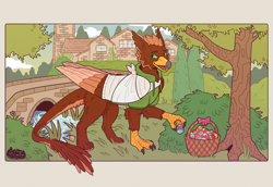 Size: 1598x1100 | Tagged: safe, artist:tokori, imported from derpibooru, oc, oc:pavlos, griffon, bandage, beak, bridge, broken bone, broken wing, cast, cheek fluff, claws, clothes, cloud, colored wings, commission, eared griffon, easter, easter egg, griffon oc, happy, holiday, injured, male, non-pony oc, river, sling, smiling, tail, tree, village, water, wings