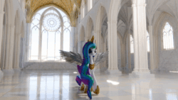 Size: 1920x1080 | Tagged: safe, artist:dieanondie, imported from derpibooru, princess celestia, alicorn, 3d, animated, blender, cathedral, concave belly, crown, female, hoof shoes, horn, indoors, jewelry, long horn, long mane, long tail, loop, mare, perfect loop, peytral, princess shoes, regalia, slender, solo, spread wings, tail, tall, thin, webm, wings