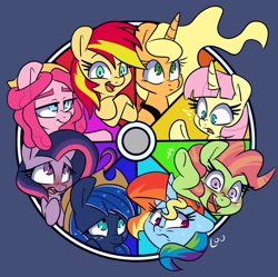 Size: 1884x1876 | Tagged: source needed, safe, artist:lou, imported from derpibooru, applejack, fluttershy, pinkie pie, princess luna, rainbow dash, rarity, sunset shimmer, tree hugger, twilight sparkle, alicorn, earth pony, pegasus, pony, unicorn, alicornified, color wheel, earth pony luna, female, fluttercorn, horn, mane six, mare, pegasus twilight sparkle, race swap, unicorn rainbow dash