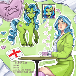 Size: 1500x1500 | Tagged: safe, artist:caosolita, imported from derpibooru, tealove, earth pony, human, pony, clothes, coat, cup, ear piercing, earring, eyeshadow, face tattoo, female, food, freckles, gloves, grin, heart, humanized, jewelry, makeup, mare, necklace, piercing, reference sheet, shirt, skirt, smiling, socks, solo, stockings, table, tattoo, tea, teacup, thigh highs, unshorn fetlocks