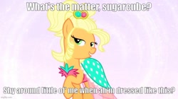 Size: 888x499 | Tagged: safe, edit, edited screencap, imported from derpibooru, screencap, applejack, simple ways, applejack also dresses in style, applejack is best facemaker, applejewel, caption, clothes, dress, flirting, gown, image macro, imgflip, talking to viewer, text