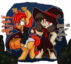 Size: 2352x2128 | Tagged: source needed, safe, artist:lou, imported from derpibooru, oc, oc only, oc:louvely, pony, bag, bipedal, candy bag, cape, clothes, collar, costume, diaper, diaper fetish, duo, female, fetish, halloween, hat, high res, holiday, leash, male, mare, non-baby in diaper, pumpkin bucket, stallion, vampire costume, witch hat