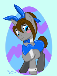 Size: 3072x4096 | Tagged: safe, artist:twiny dust, imported from derpibooru, oc, oc only, oc:dust, pony, unicorn, animal costume, awkward smile, blushing, bowtie, bunny suit, clothes, costume, crossdressing, easter, easter egg, embarrassed, hair bun, hair ribbon, holiday, horn, playboy bunny, ribbon, smiling, socks, solo, stockings, tail, tail bun, thigh highs, unicorn oc