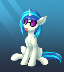 Size: 1920x2145 | Tagged: safe, artist:x-starshade-x, imported from derpibooru, dj pon-3, vinyl scratch, pony, unicorn, blue background, cheek fluff, chest fluff, female, gradient background, knee fluff, mare, simple background, sitting, solo, tongue out