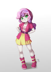 Size: 706x1000 | Tagged: safe, artist:the-park, imported from derpibooru, sweetie belle, equestria girls, clothes, cute, diasweetes, female, gradient background, hairband, hand on hip, looking at you, simple background, skirt, smiling, smiling at you, solo, standing, white background