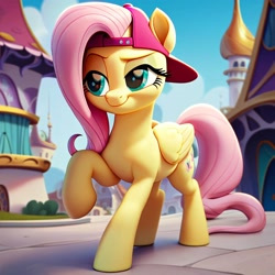 Size: 2048x2048 | Tagged: safe, imported from derpibooru, fluttershy, pegasus, pony, my little pony: the movie, ai content, ai generated, backwards ballcap, baseball cap, canterlot, cap, female, generator:purplesmart.ai, generator:stable diffusion, hat, lidded eyes, mare, prompter:enterusxrname, raised hoof, smiling, smirk, solo