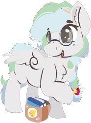 Size: 777x1043 | Tagged: safe, artist:rhythmpixel, imported from derpibooru, oc, oc only, oc:river chime, pegasus, bag, bells, book, female, freckles, glasses, hair tie, lineless, simple background, solo, transparent background, younger