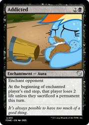 Size: 375x523 | Tagged: safe, edit, imported from derpibooru, rainbow dash, pegasus, the super speedy cider squeezy 6000, ccg, crying, dirt, eating, eating dirt, magic the gathering, mug, that pony sure does love cider, trading card, trading card edit, trading card game