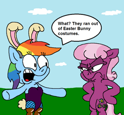 Size: 802x740 | Tagged: safe, artist:dragonboi471, artist:rainbowdashsmailbag, imported from derpibooru, cheerilee, rainbow dash, earth pony, pegasus, pony, bipedal, bunny suit, clothes, easter, holiday, playboy bunny, rainbow dash always dresses in style, unamused