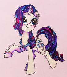 Size: 1783x2048 | Tagged: safe, artist:dariarchangel, imported from derpibooru, rarity, crystal pony, pony, unicorn, bracelet, ear piercing, earring, female, friendship bracelet, gem, horn, jewelry, mare, necklace, piercing, raised hoof, redesign, simple background, smiling, solo, traditional art