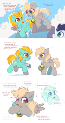 Size: 2048x3872 | Tagged: safe, artist:mirtash, imported from derpibooru, derpy hooves, lightning dust, soarin', pegasus, pony, parental glideance, alternate name, alternate universe, blonde mane, blonde tail, blue coat, blue mane, blushing, bust, chest fluff, colt, colt soarin', cute, daaaaaaaaaaaw, derpabetes, dialogue, duo, duo female, duo focus, ear fluff, emanata, eye clipping through hair, eyebrows, eyebrows visible through hair, eyelashes, female, filly, filly derpy, filly derpy hooves, filly lightning dust, foal, folded wings, friendshipping, gray coat, green eyes, high res, hooves together, leg fluff, long mane, looking at each other, looking at someone, looking away, male, medal, open mouth, open smile, profile, raised hoof, shadow, shy, shy smile, simple background, sky background, smiling, smiling at each other, spread wings, standing, starry eyes, tail, talking, teeth, text, trio, underp, weapons-grade cute, white background, wingding eyes, wings, yellow eyes, yellow mane, yellow tail, younger