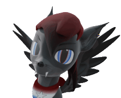 Size: 598x485 | Tagged: safe, artist:lithus, imported from derpibooru, oc, oc only, oc:mikey, dog, fox, fox pony, hybrid, pony, 3d, 3d model, animated, bandana, blender, blender cycles, blinking, colored wings, ear piercing, fangs, floppy ears, gif, gradient mane, looking at you, multicolored mane, multicolored wings, narrowed eyes, piercing, red mane, simple background, smiling, solo, spread wings, sway, teeth, transparent background, whiskers, wings