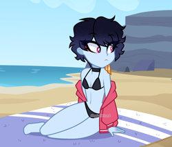 Size: 1950x1660 | Tagged: safe, artist:skyfallfrost, imported from derpibooru, oc, oc:skyfall frost, equestria girls, beach, bikini, clothes, ocean, solo, swimsuit, water