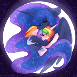 Size: 2000x2000 | Tagged: safe, artist:ladylullabystar, imported from derpibooru, princess luna, oc, oc:lady lullaby star, alicorn, pony, unicorn, crying, duo, duo female, ethereal mane, female, high res, hoof shoes, horn, hug, mare, moon, princess shoes, stars, wings