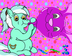 Size: 2450x1900 | Tagged: safe, artist:puffydearlysmith, imported from derpibooru, lyra heartstrings, pony, unicorn, alternate hairstyle, balloon, belly button, blowing up balloons, chubby, easter, female, holiday, horn, inflating, mare, ponytail, rabbit balloon