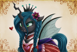 Size: 1216x832 | Tagged: prompter needed, safe, imported from derpibooru, queen chrysalis, changeling, changeling queen, abstract background, ai content, ai generated, braid, braided pigtails, clothes, crown, cute, cutealis, dress, fangs, female, floating heart, floppy ears, flower, flower in hair, frilly dress, frown, generator:stable diffusion, girly, heart, horn, insect wings, jagged horn, jewelry, pigtails, regalia, slit pupils, solo, upper body, wings